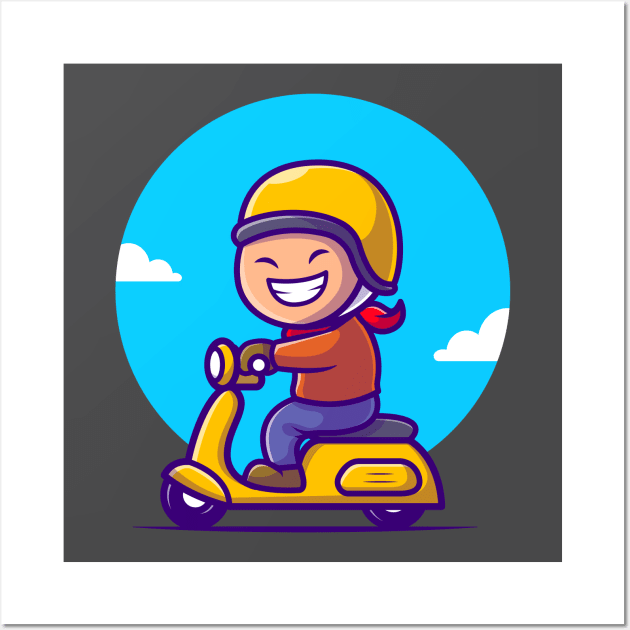 Cute Boy Riding Scooter Cartoon Wall Art by Catalyst Labs